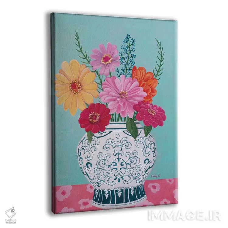 تابلو مدرن گلدان چینی و گل زینیا اثر سالی بی - نمای پرسپکتیو محصول