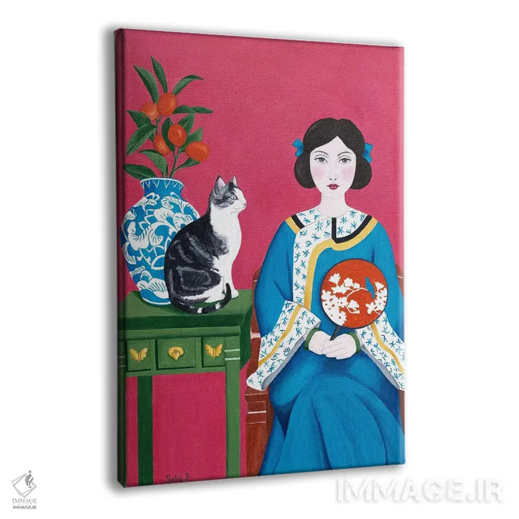 تابلو دکوراتیو زن چینی و گربه اثر سالی بی - نمای پرسپکتیو محصول