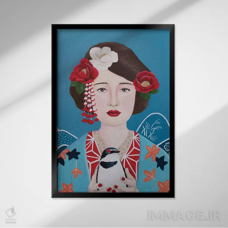 تابلو دکوراتیو زن ژاپنی با پرنده اثر سالی بی - نمای قابدار مشکی