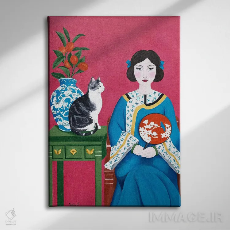 تابلو دکوراتیو زن چینی و گربه اثر سالی بی - نمای روبهرو روی دیوار