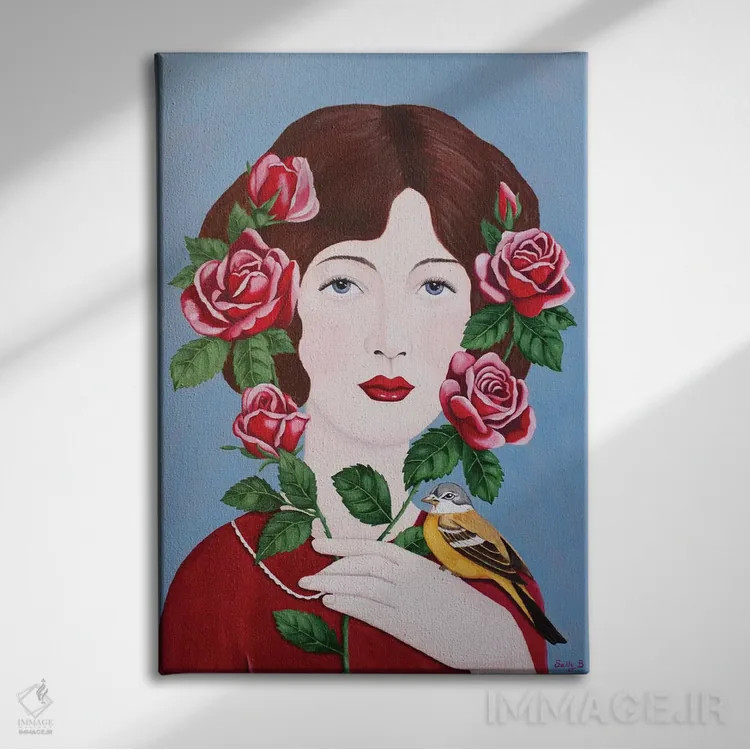 تابلو دکوراتیو زن با گل رز و پرنده اثر سالی بی - نمای روبهرو روی دیوار