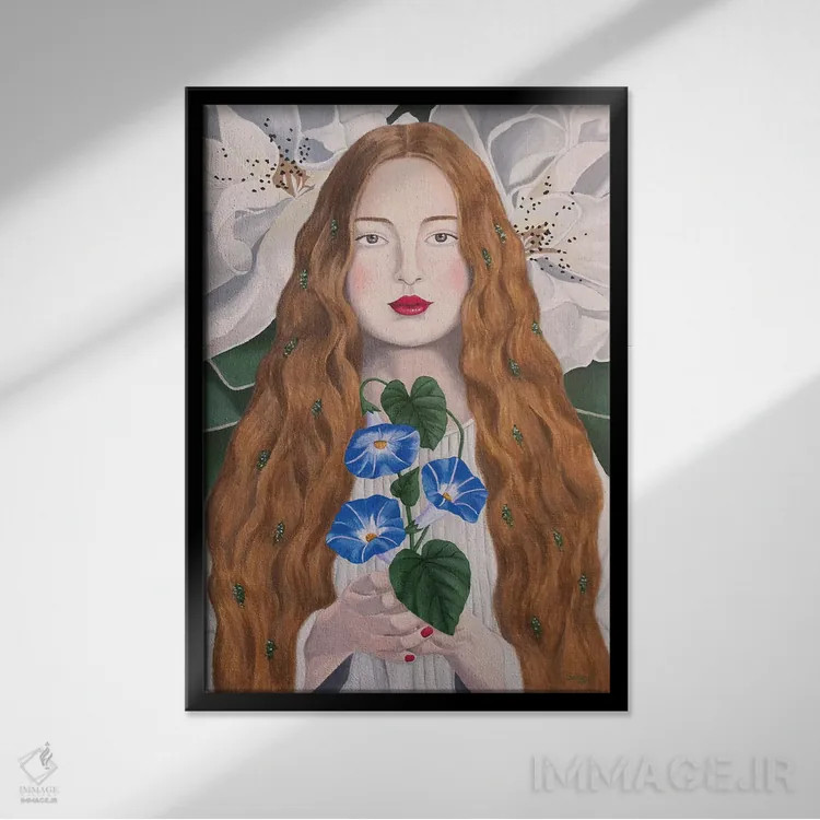 تابلو دکوراتیو زن با گل پیچ صبحگاهی اثر سالی بی - نمای قابدار مشکی