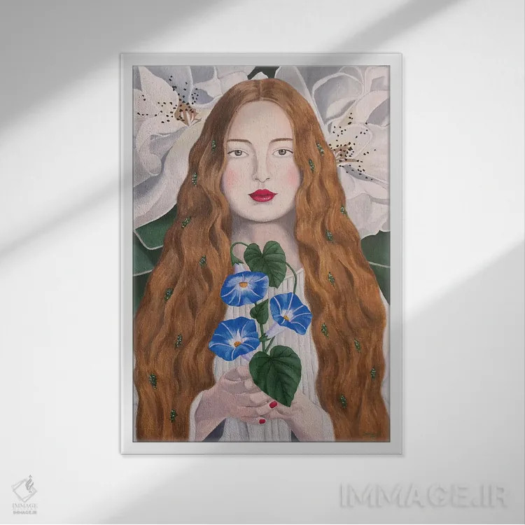 تابلو دکوراتیو زن با گل پیچ صبحگاهی اثر سالی بی - نمای قابدار سفید