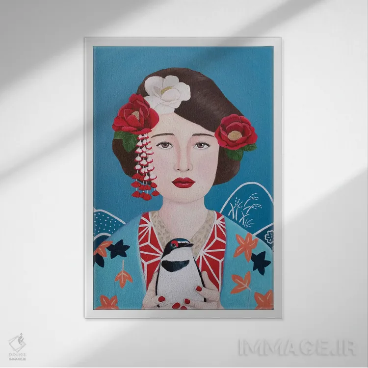 تابلو دکوراتیو زن ژاپنی با پرنده اثر سالی بی - نمای قابدار سفید