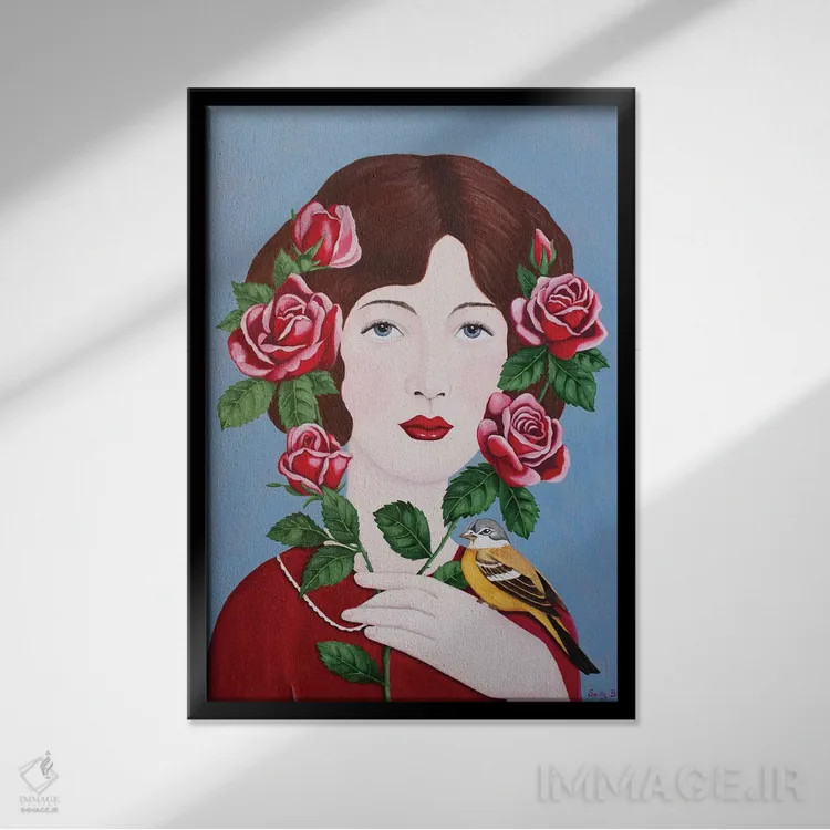 تابلو دکوراتیو زن با گل رز و پرنده اثر سالی بی - نمای قابدار مشکی