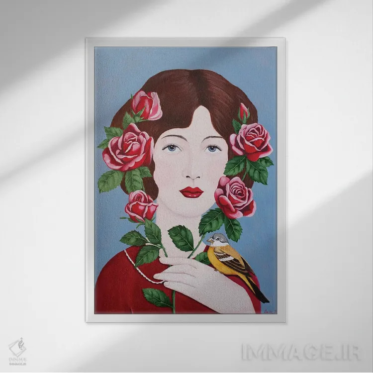 تابلو دکوراتیو زن با گل رز و پرنده اثر سالی بی - نمای قابدار سفید