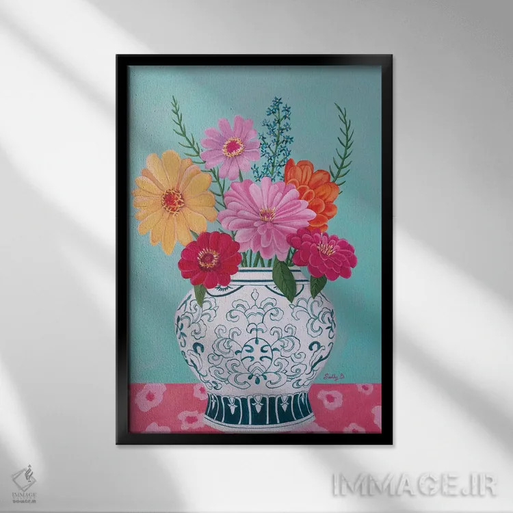 تابلو مدرن گلدان چینی و گل زینیا اثر سالی بی - نمای قابدار مشکی