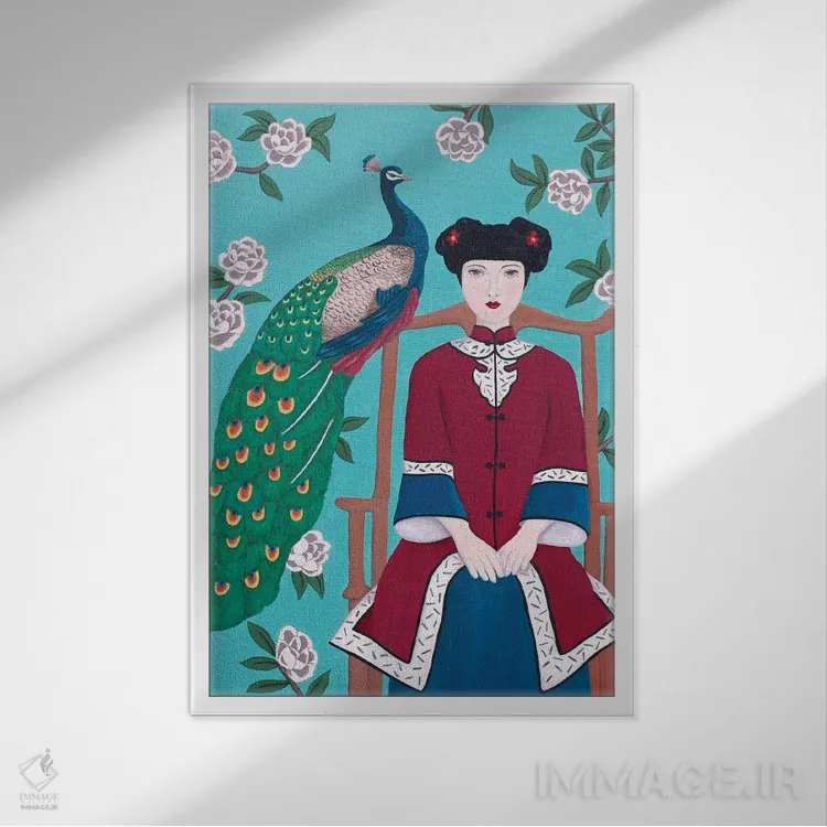 تابلو دکوراتیو زن چینی و طاووس اثر سالی بی - نمای قابدار سفید