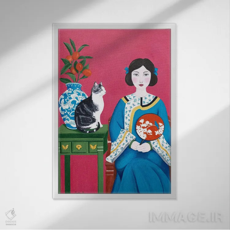 تابلو دکوراتیو زن چینی و گربه اثر سالی بی - نمای قابدار سفید