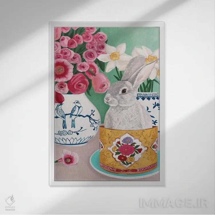 تابلو دکوراتیو خرگوش با گل رز و نرگس اثر سالی بی - نمای قابدار سفید