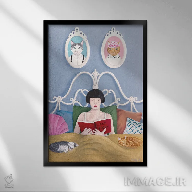 تابلو دکوراتیو داستان گربه اثر سالی بی - نمای قابدار مشکی