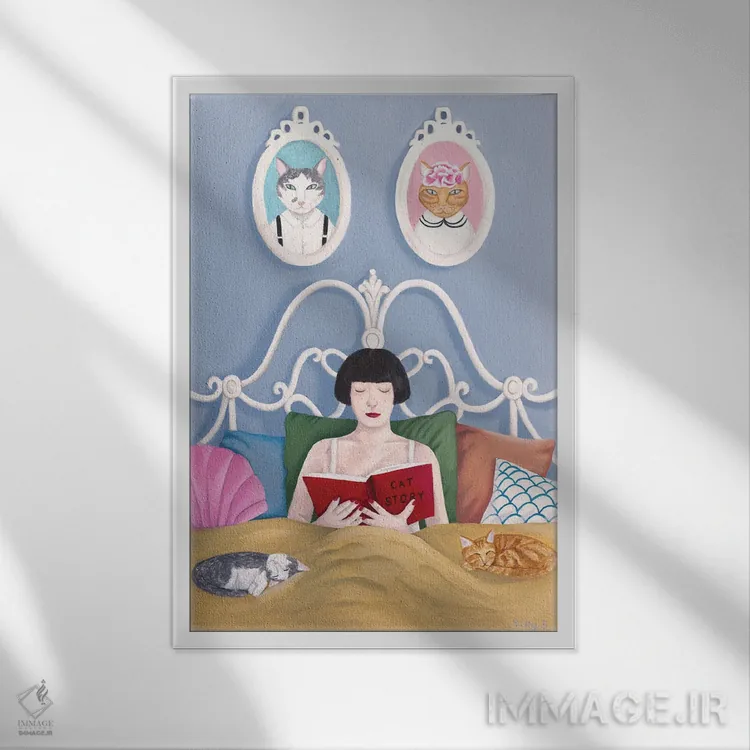 تابلو دکوراتیو داستان گربه اثر سالی بی - نمای قابدار سفید