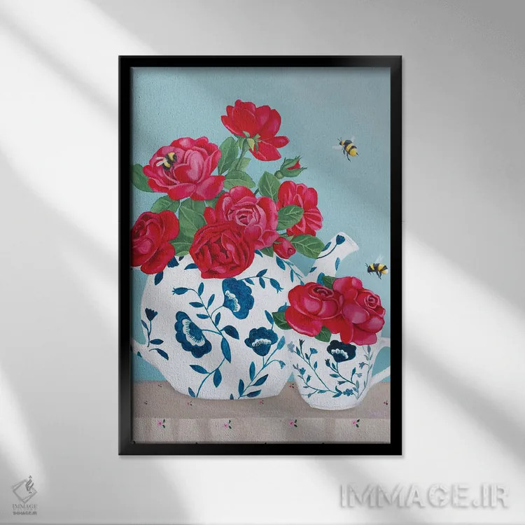 تابلو مدرن گل رز و زنبورها در دکور چینی اثر سالی بی - نمای قابدار مشکی