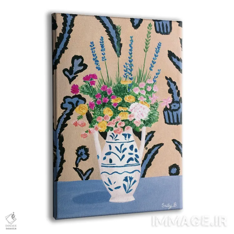 تابلو دکوراتیو دسته گل روی میز آبی اثر سالی بی - نمای پرسپکتیو محصول