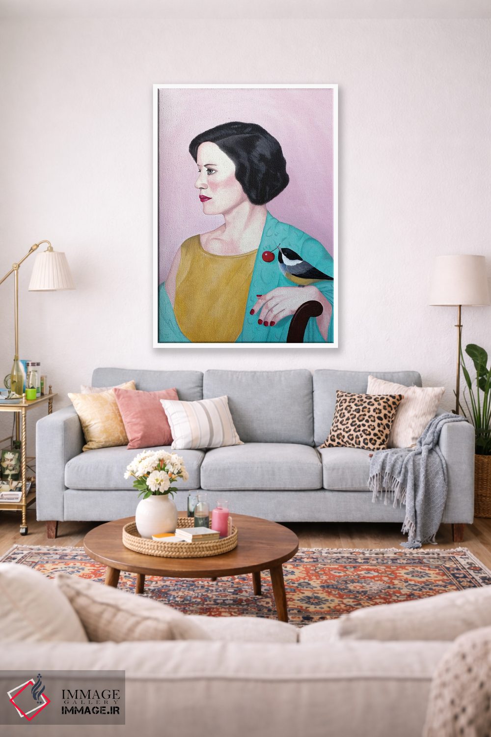 تابلو دکوراتیو زن با شال و پرنده اثر سالی بی - D1W