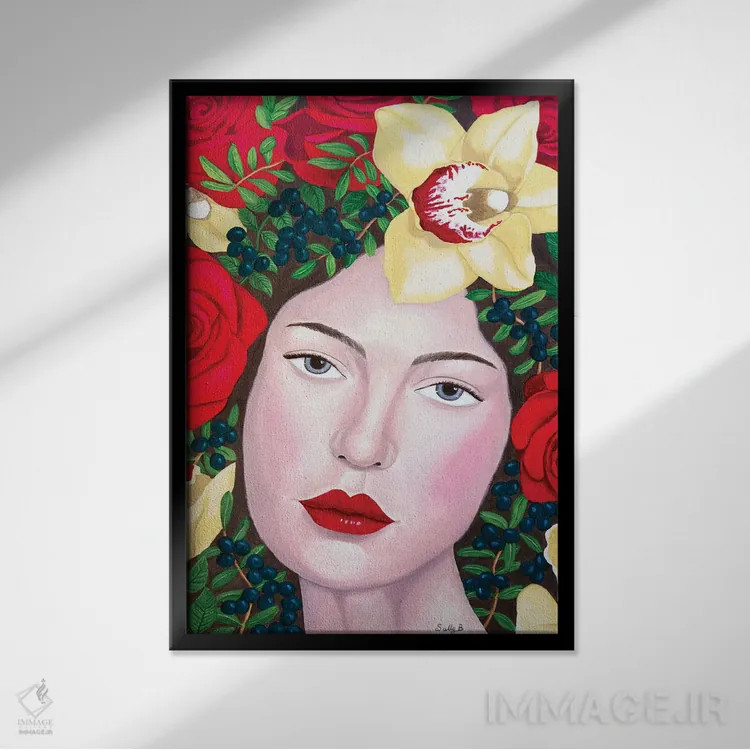 تابلو دکوراتیو زن با گل رز و ارکیده زرد اثر سالی بی - نمای قابدار مشکی