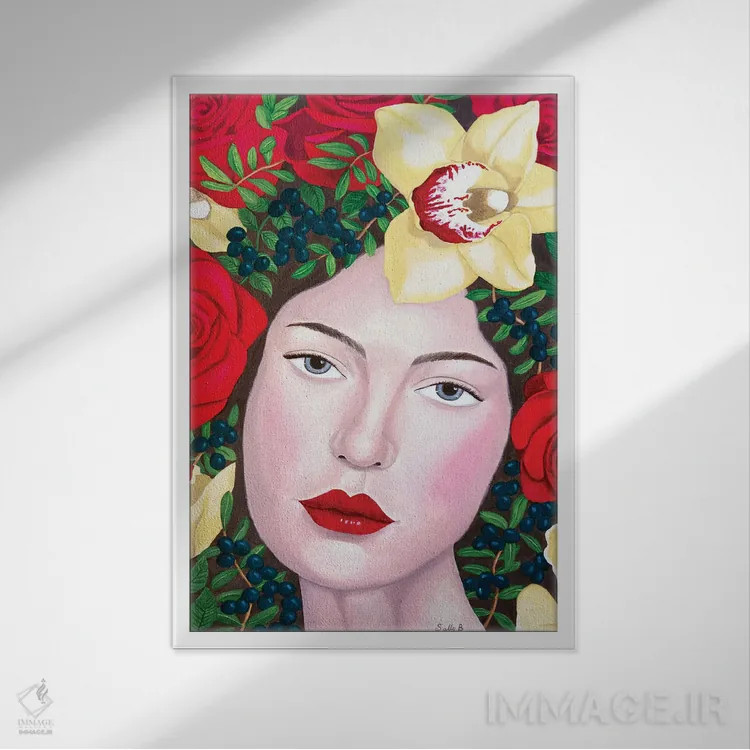 تابلو دکوراتیو زن با گل رز و ارکیده زرد اثر سالی بی - نمای قابدار سفید