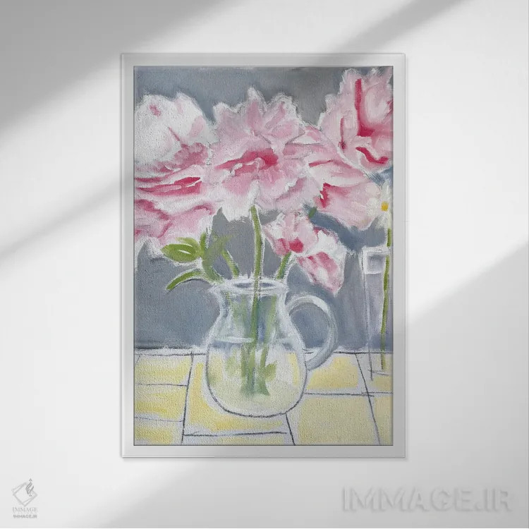 تابلو انتزاعی پیونی ها و یک گل داوودی اثر سوزانه ماری - نمای قابدار سفید