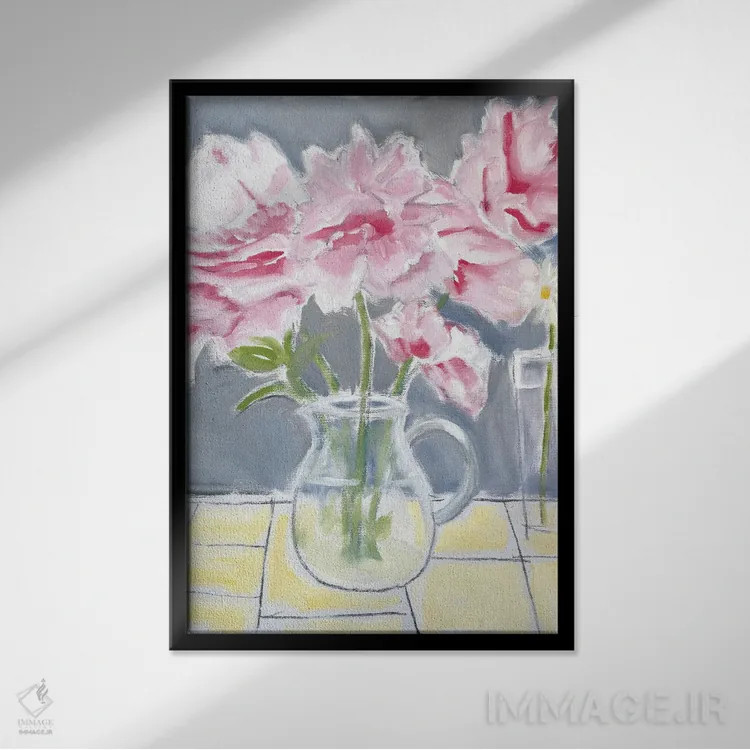 تابلو انتزاعی پیونی ها و یک گل داوودی اثر سوزانه ماری - نمای قابدار مشکی