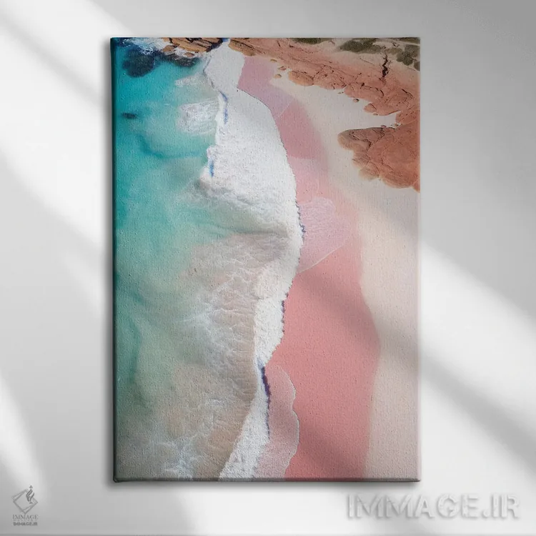 تابلو دکوراتیو نمای هوایی از ساحل آرام با شن صورتی اثر سوزان ریچی - نمای روبهرو روی دیوار