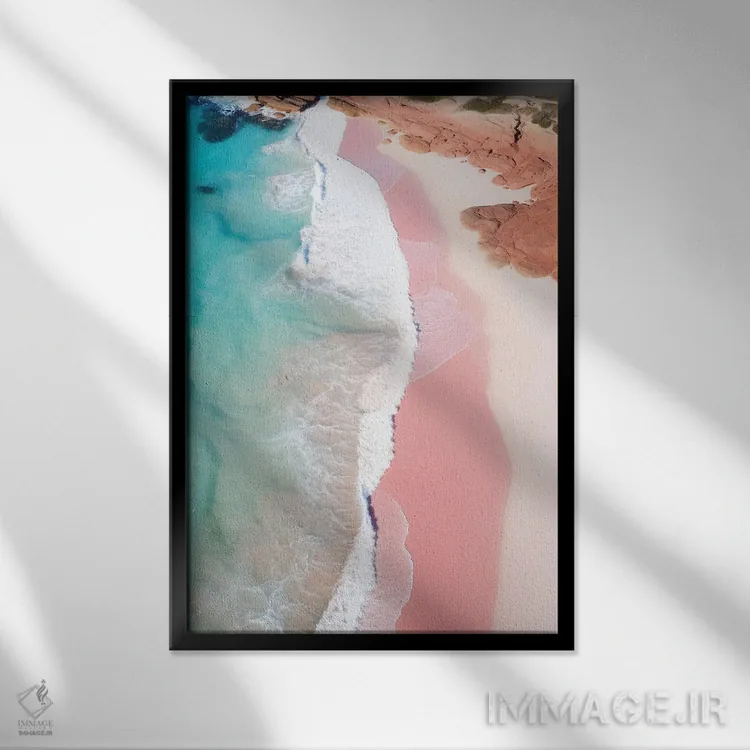 تابلو دکوراتیو نمای هوایی از ساحل آرام با شن صورتی اثر سوزان ریچی - نمای قابدار مشکی