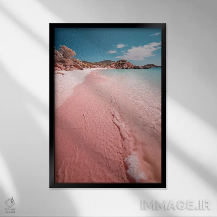 تابلو دکوراتیو امواج آرام در ساحل شنی صورتی اثر سوزان ریچی - نمای قابدار مشکی