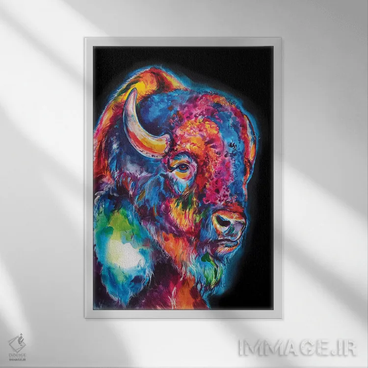 تابلو دکوراتیو گاو وحشی روی زمینه مشکی اثر ویک دی بست - نمای قابدار سفید