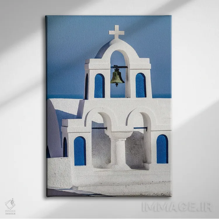 تابلو دکوراتیو Greece. Greek Orthodox Church steeple by the Aegean Sea,اویا… اثر جولی سیندا - نمای روبهرو روی دیوار
