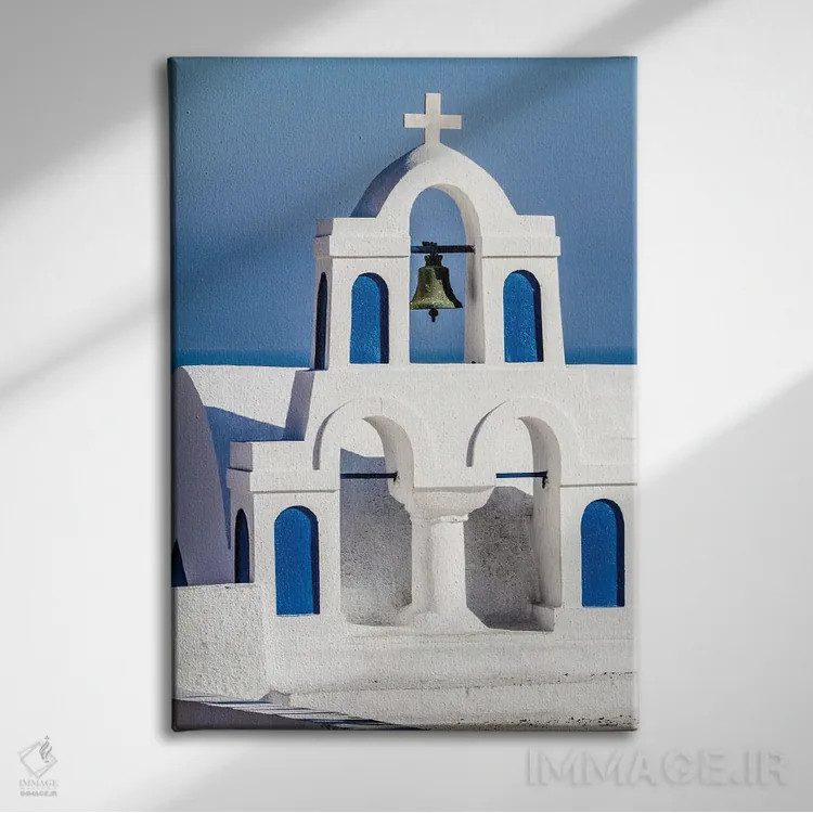 تابلو دکوراتیو Greece. Greek Orthodox Church steeple by the Aegean Sea,اویا… اثر جولی سیندا - نمای روبهرو روی دیوار
