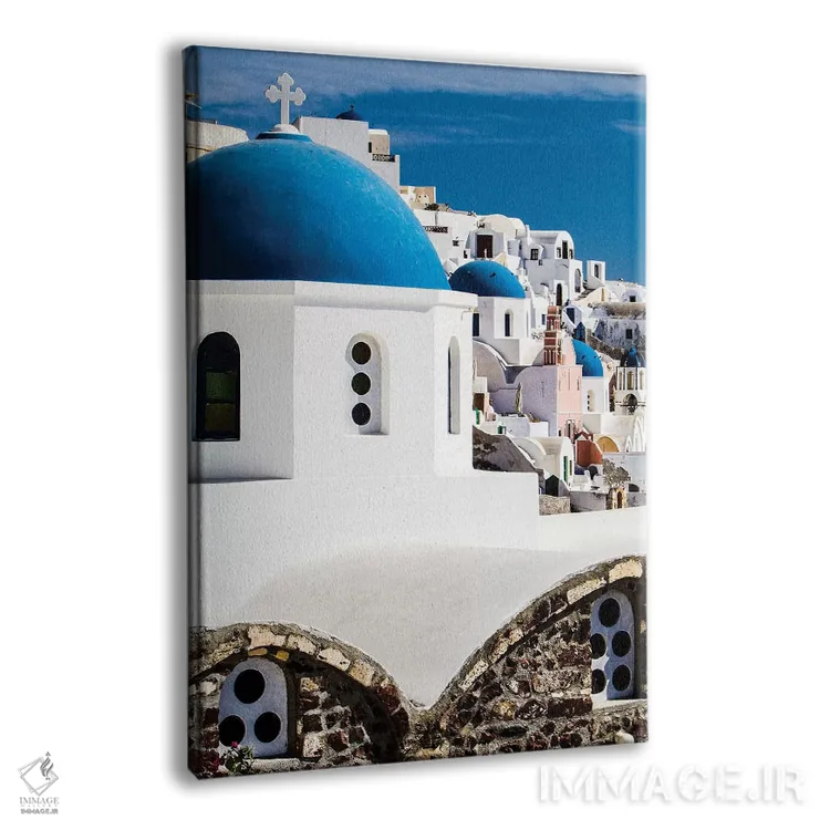 تابلو دکوراتیو Greece. Row of Greek Orthodox Churches with blue domes.,اویا… اثر جولی سیندا - نمای پرسپکتیو محصول