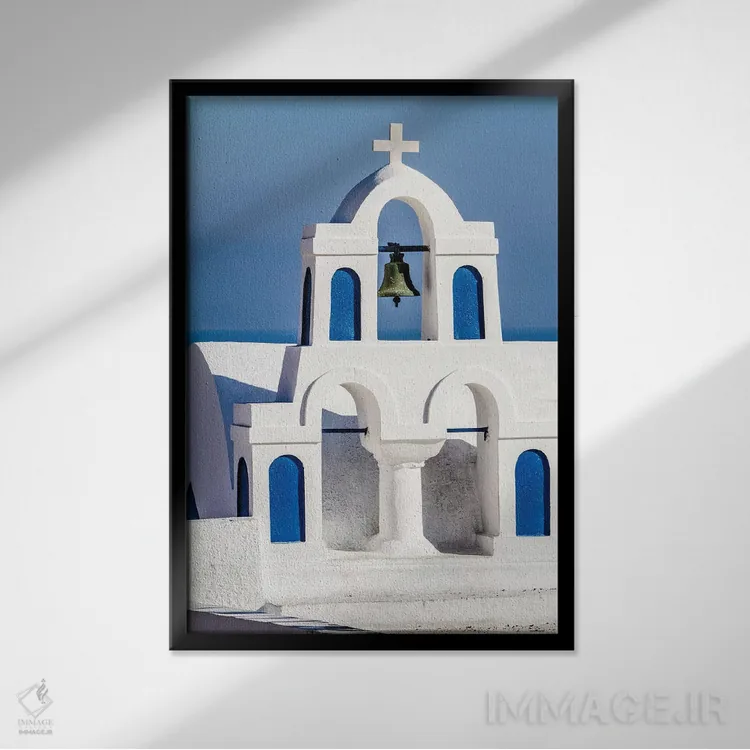 تابلو دکوراتیو Greece. Greek Orthodox Church steeple by the Aegean Sea,اویا… اثر جولی سیندا - نمای قابدار مشکی