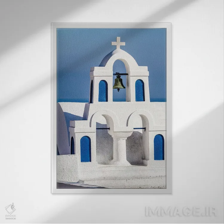 تابلو دکوراتیو Greece. Greek Orthodox Church steeple by the Aegean Sea,اویا… اثر جولی سیندا - نمای قابدار سفید