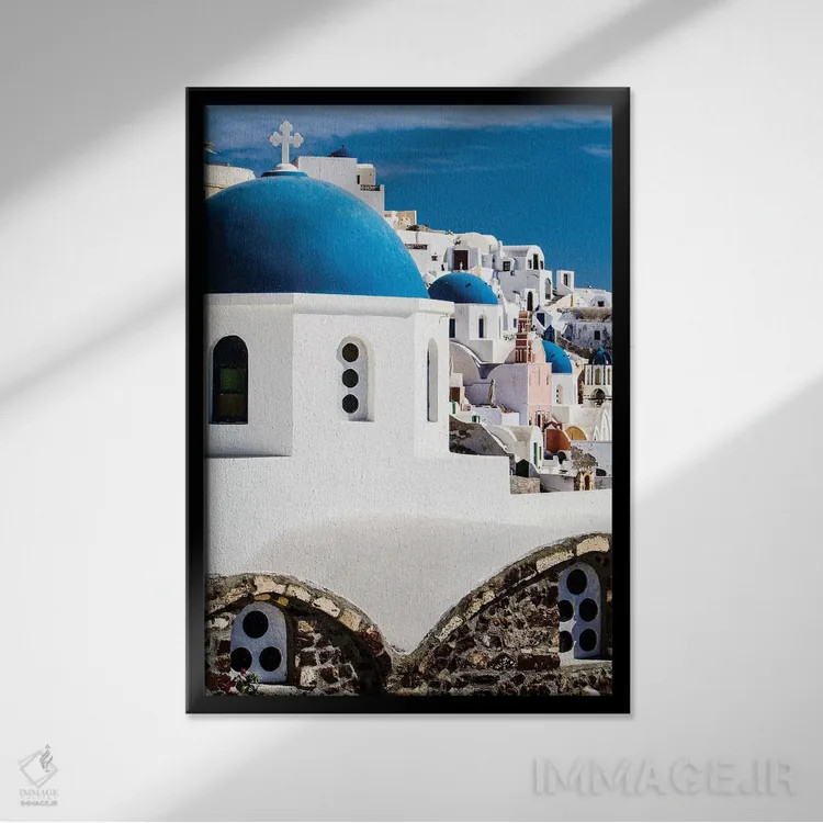 تابلو دکوراتیو Greece. Row of Greek Orthodox Churches with blue domes.,اویا… اثر جولی سیندا - نمای قابدار مشکی
