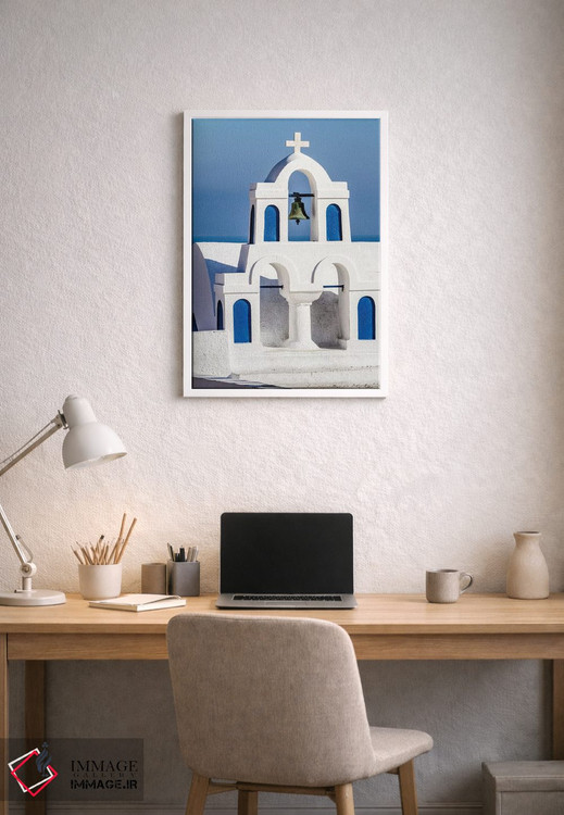 تابلو دکوراتیو Greece. Greek Orthodox Church steeple by the Aegean Sea,اویا… اثر جولی سیندا - D1W