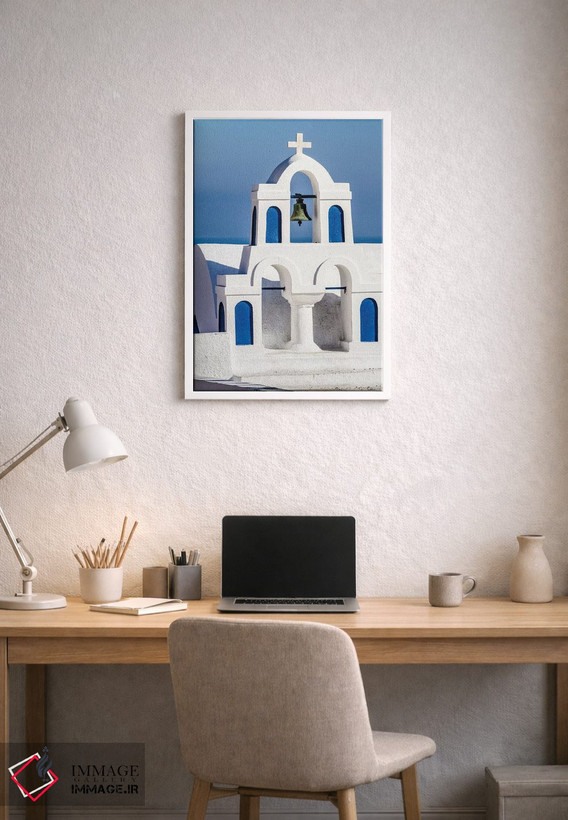 تابلو دکوراتیو Greece. Greek Orthodox Church steeple by the Aegean Sea,اویا… اثر جولی سیندا - D1W