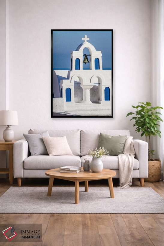 تابلو دکوراتیو Greece. Greek Orthodox Church steeple by the Aegean Sea,اویا… اثر جولی سیندا - D2B