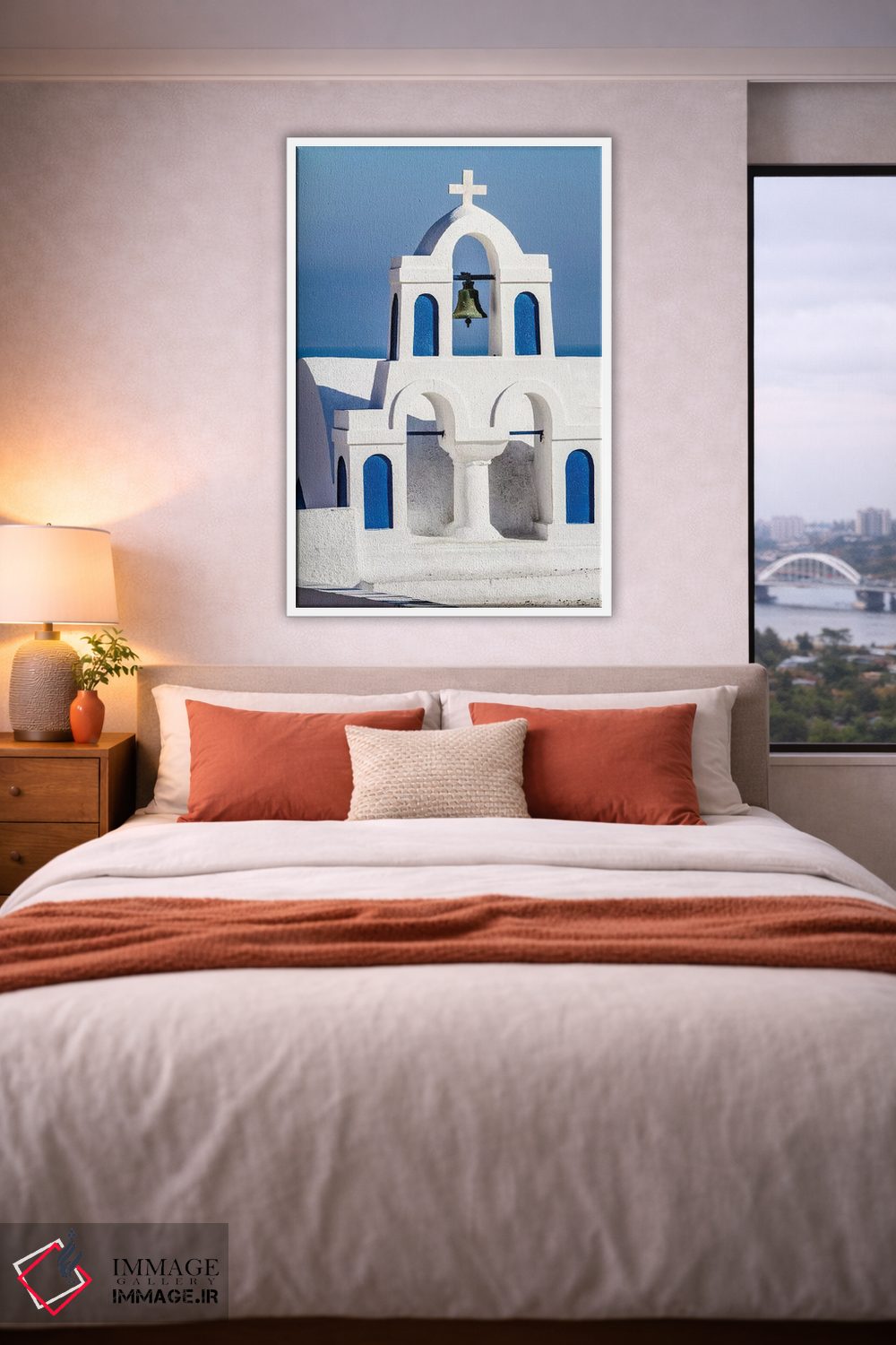 تابلو دکوراتیو Greece. Greek Orthodox Church steeple by the Aegean Sea,اویا… اثر جولی سیندا - D3W