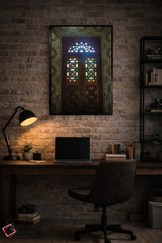 تابلو دکوراتیو Morocco. Moroccan stained glass in wooden door,مراکش، مراکش.… اثر جولی سیندا - D4B