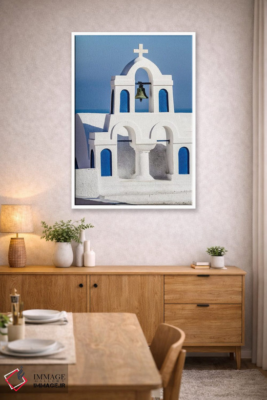 تابلو دکوراتیو Greece. Greek Orthodox Church steeple by the Aegean Sea,اویا… اثر جولی سیندا - D4W