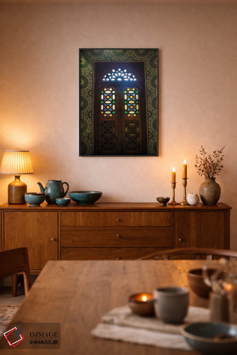 تابلو دکوراتیو Morocco. Moroccan stained glass in wooden door,مراکش، مراکش.… اثر جولی سیندا - D6B