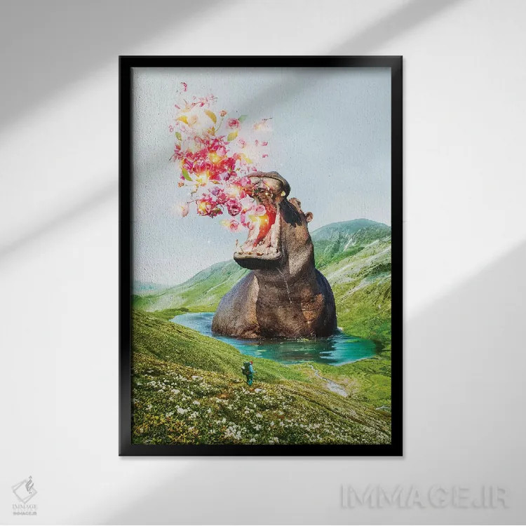 تابلو دکوراتیو اسب آبی غوطه ور از درون اثر طراحی سورینگ انکر - نمای قابدار مشکی