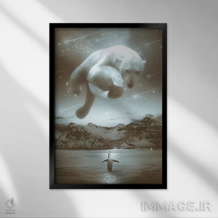 تابلو دکوراتیو خرس قطبی کبالت در شب نشینی اثر طراحی سورینگ انکر - نمای قابدار مشکی