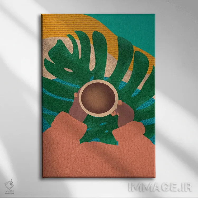 تابلو دکوراتیو قهوه و گیاهان اثر شرکت کاغذ ساگمون - نمای روبهرو روی دیوار