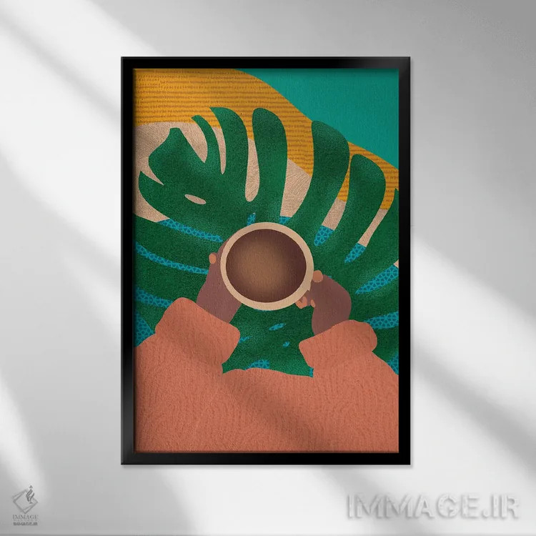 تابلو دکوراتیو قهوه و گیاهان اثر شرکت کاغذ ساگمون - نمای قابدار مشکی
