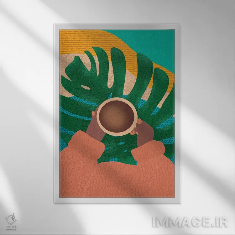 تابلو دکوراتیو قهوه و گیاهان اثر شرکت کاغذ ساگمون - نمای قابدار سفید