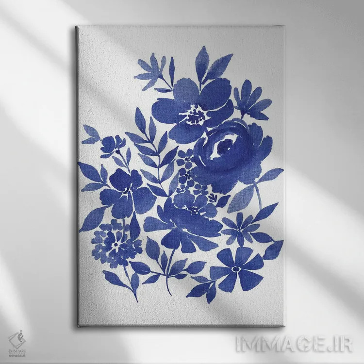 تابلو مینیمال دسته گل نیل آبی ۲ اثر استفانی رایان - نمای روبهرو روی دیوار