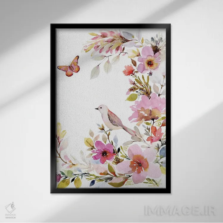 تابلو دکوراتیو پرنده گیاهی اثر استفانی رایان - نمای قابدار مشکی