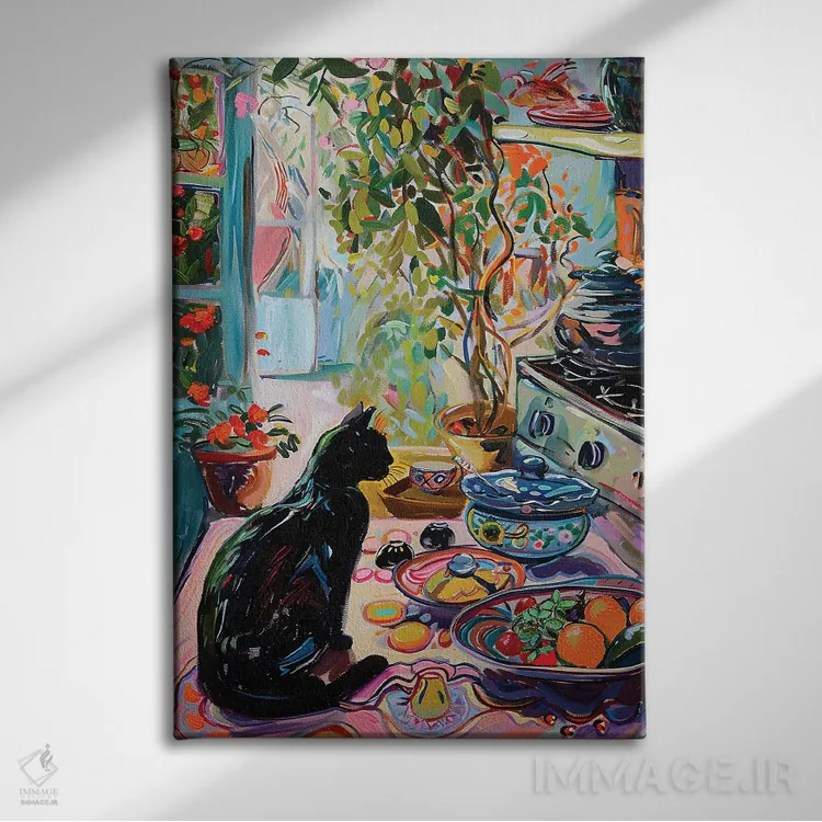 تابلو دکوراتیو گربه سیاه در آشپزخانه پرنور اثر ساشا رابینسون - نمای روبهرو روی دیوار