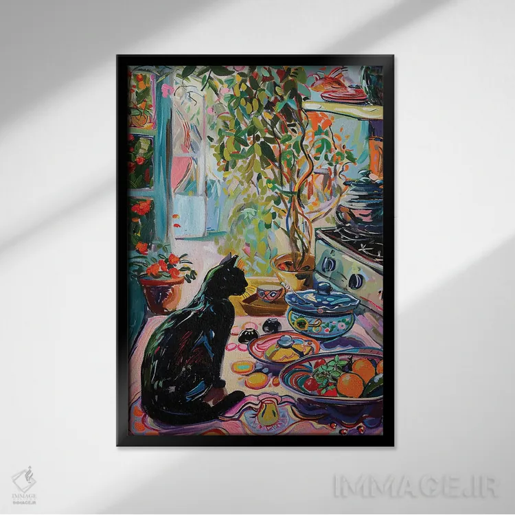 تابلو دکوراتیو گربه سیاه در آشپزخانه پرنور اثر ساشا رابینسون - نمای قابدار مشکی