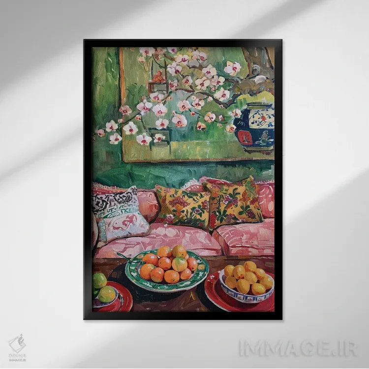 تابلو دکوراتیو اتاق نشیمن سیان با دیوارهای سبز اثر ساشا رابینسون - نمای قابدار مشکی